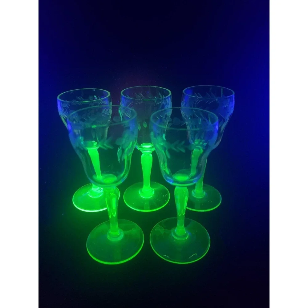 Vintage Uranium Glass Cordials Etched Foliate Design Stemware Set Of 5 Bryce?
